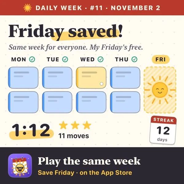 A friend’s card for Daily Week №11: Friday saved in 1:12, three stars, 11 moves.