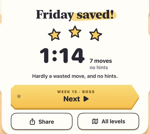 Result card: Friday saved, three stars, 1:14, 7 moves, no hints.