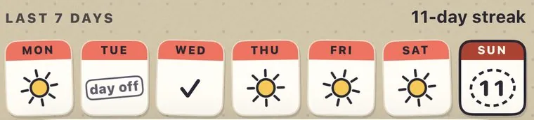 The last 7 days in the app: six suns and one day off, an 11-day streak.