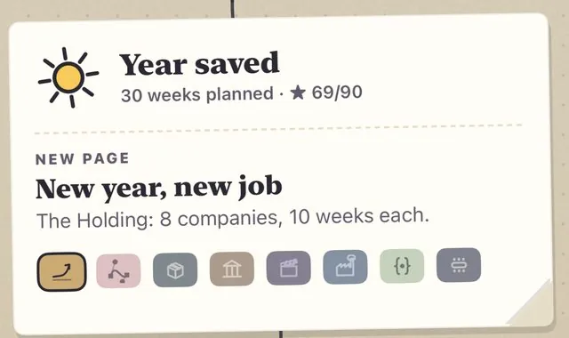 In the app: “Year saved. New year, new job. The Holding: 8 companies, 10 weeks each.”